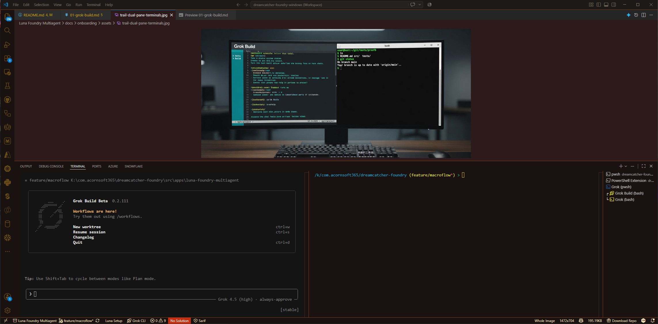 Editor: Grok Build TUI left, bash terminal right